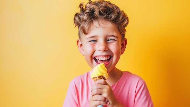 Un niño con el cabello castaño rizado se ríe mientras come un cono de helado contra un fondo amarillo