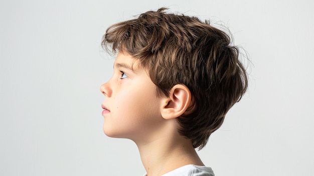 Foto un niño con cabello marrón y una camisa blanca está mirando hacia arriba