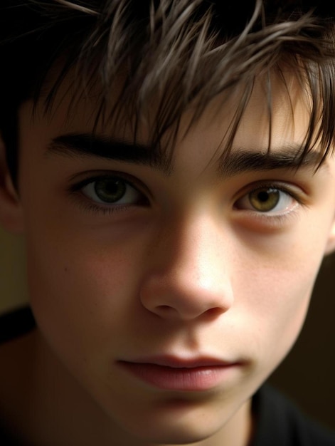 Foto un niño con cabello marrón y una camisa negra que dice que es un niño