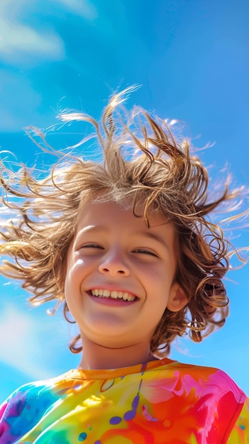 un niño con el cabello marrón soplando en el viento