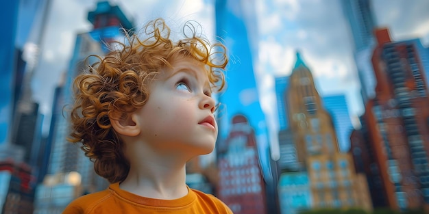 Niño de cabello rizado admirando el vibrante horizonte de la ciudad con asombro y curiosidad Concepto Exploración urbana Curiosidad Paisaje urbano Maravilla infantil