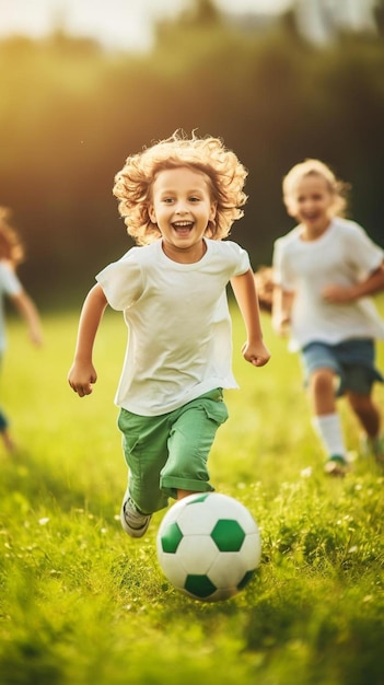 un niño con el cabello rizado juega con una pelota de fútbol