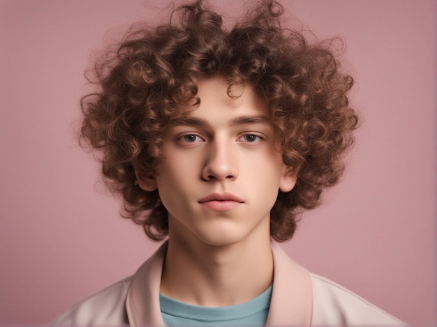 Foto un niño con el cabello rizado usando ropa de moda con fondo de color pastel