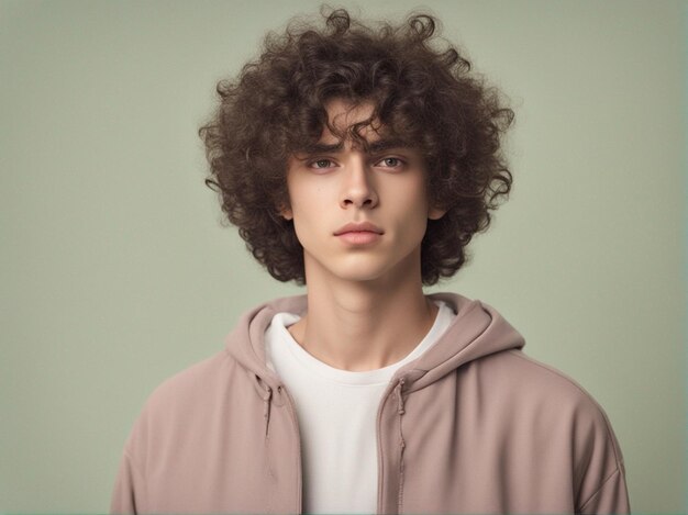 Un niño con el cabello rizado usando ropa de moda con fondo de color pastel