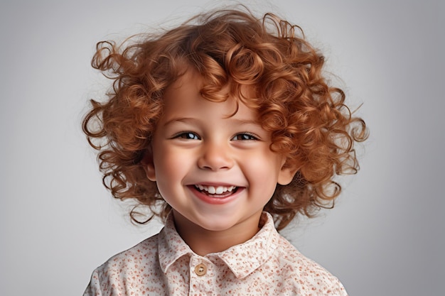 Un niño con el cabello rojo rizado sonríe a la cámara.