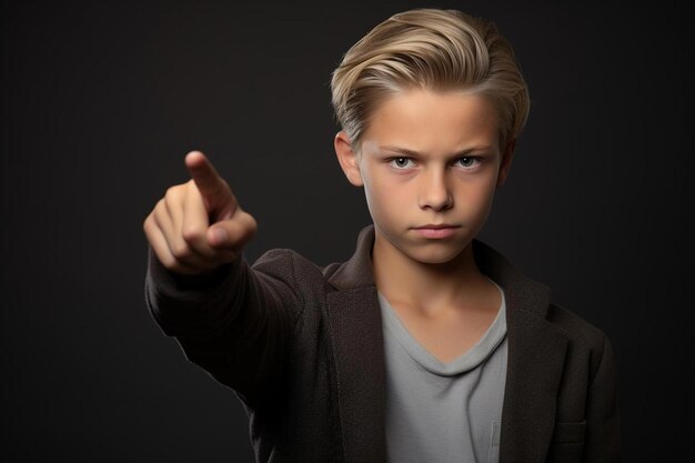 Foto un niño con el cabello rubio apuntando a la cámara