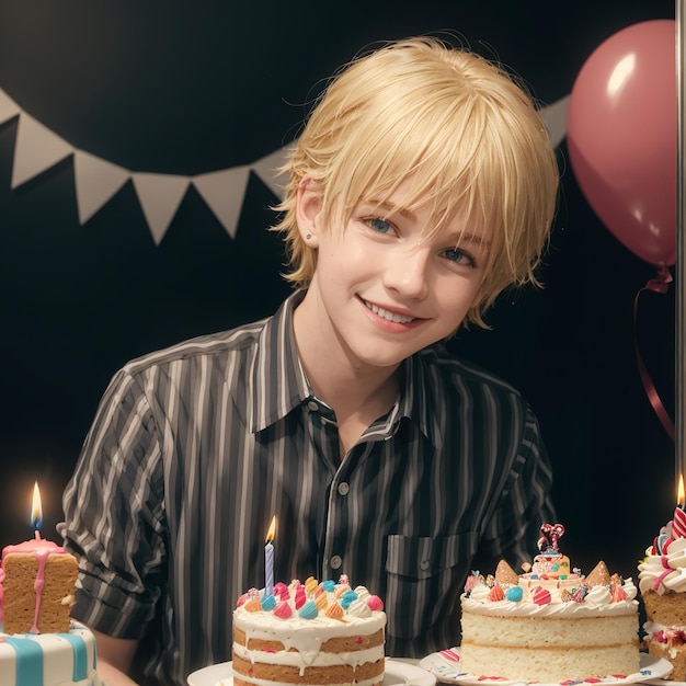 un niño con cabello rubio y un pastel de cumpleaños con velas en él.