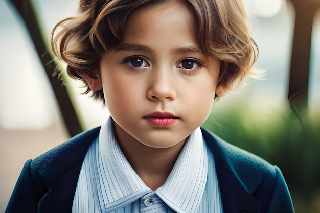 Un niño con cabello rubio y un suéter azul se sienta en un banco.