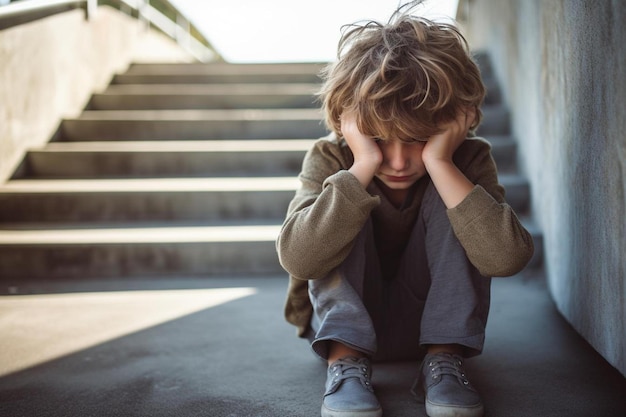 Foto un niño con la cabeza hacia abajo y la cabeza sobre la cabeza