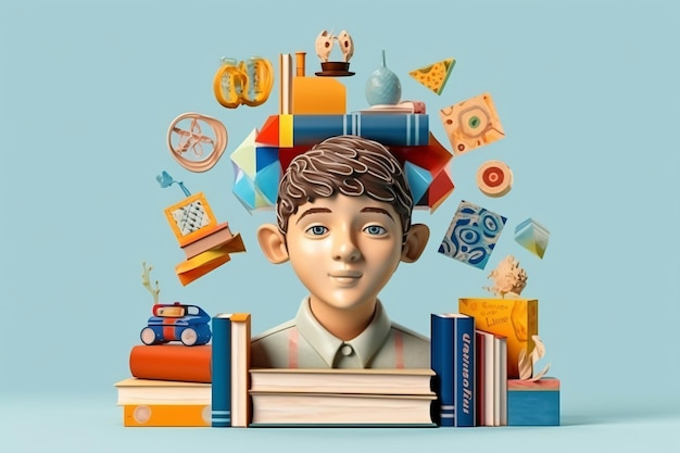 Un niño con una cabeza de un libro que dice la palabra cita en él