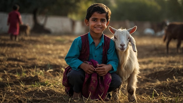 Foto un niño con una cabra y una cabra