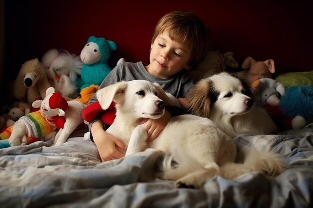 Niño con un cachorro en la cama en una habitación con juguetes