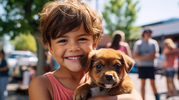 Foto un niño y un cachorro se unen a un entorno local