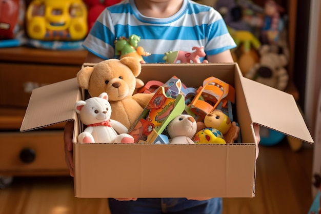 Foto un niño con una caja llena de juguetes ia generativa