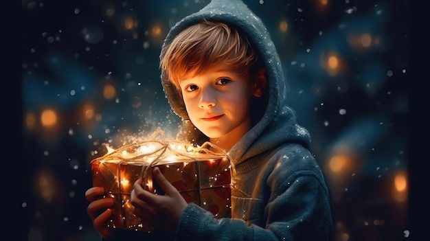 Niño con caja mágica de Navidad Ilustración AI GenerativexA