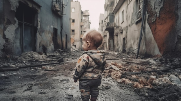 Un niño se para en una calle con la palabra guerra.