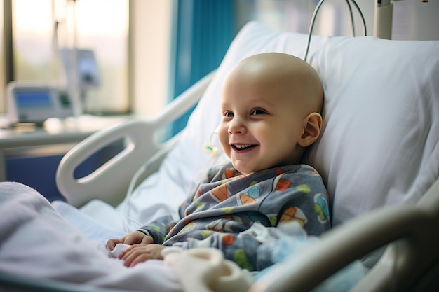 Niño calvo sonriendo en la cama del hospital de cáncer