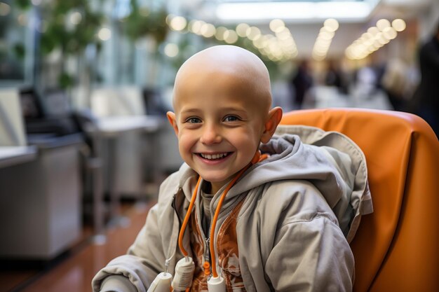 Niño calvo sonriendo en la cama del hospital de cáncer