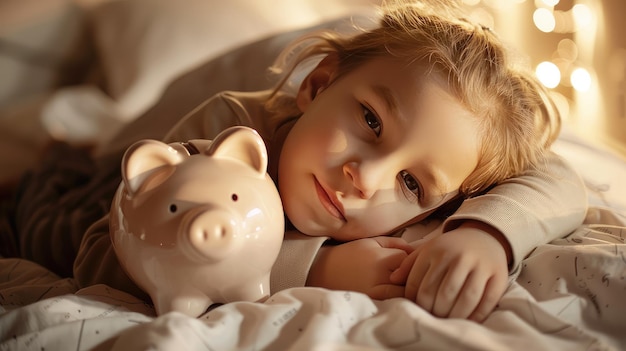 Foto un niño en una cama con una alcancía en la mano concepto de gastos