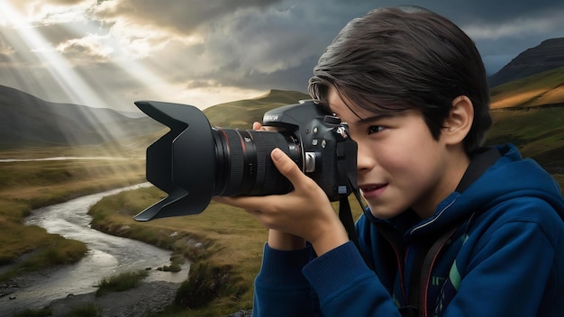 Niño con cámara dslr fotografiando niño adolescente con cámara tomando fotos