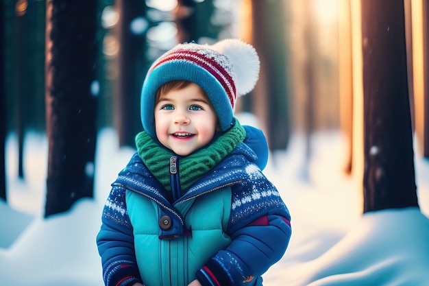 Niño caminando en un bosque de abetos nevados Niño pequeño divirtiéndose al aire libre en la naturaleza invernal