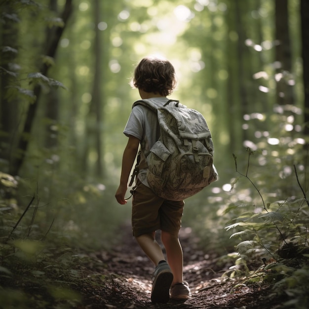 Un niño caminando por un bosque con una mochila a la espalda.