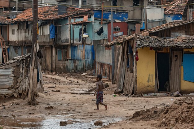 Foto niño caminando por una calle fangosa