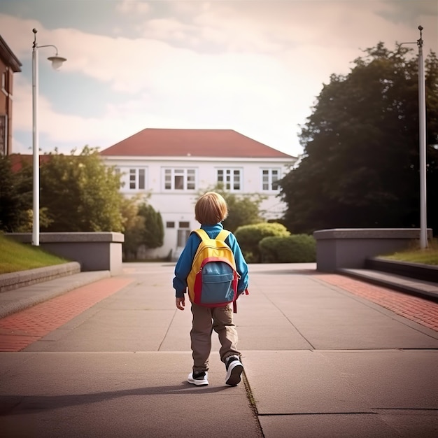 Foto niño caminando hacia la escuela primaria