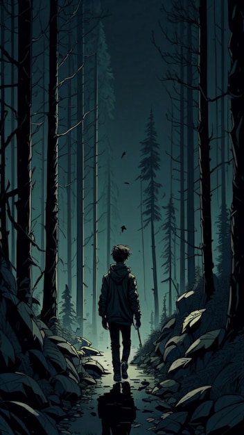 Un niño caminando solo en un bosque.