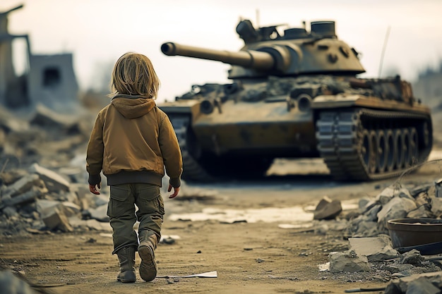 Niño caminando en zona de guerra imagen generada por IA