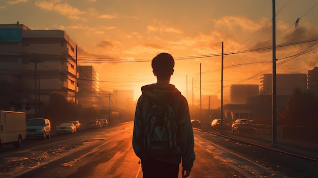Un niño se para en el camino mirando el sol.