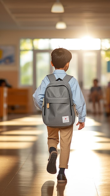 un niño caminó en un salón de clases grande e iluminado vistiendo su uniforme escolar y cargando mochilas