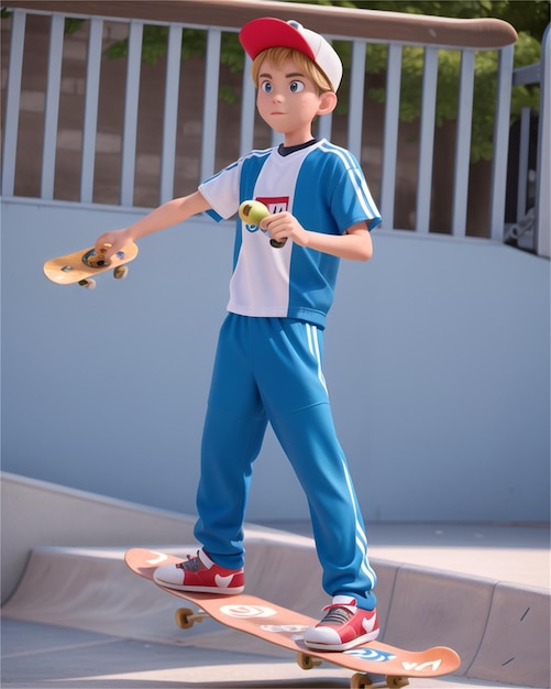 un niño con una camisa azul y blanca está en una patineta.