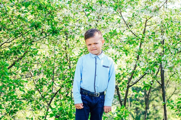 Un niño con una camisa azul contra el fondo de árboles florecientes