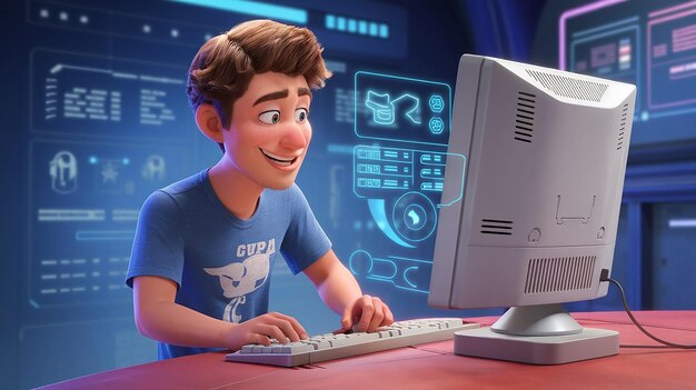 un niño con una camisa azul está usando una computadora con un ratón y un teclado