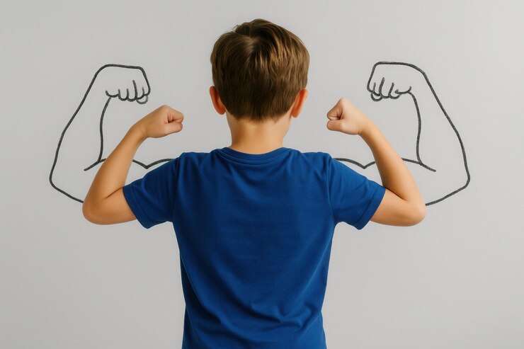 Foto un niño con una camisa azul flexiona sus brazos con confianza mientras se dibujan músculos al estilo de dibujos animados en la pared