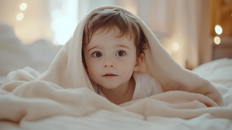 un niño con una camisa blanca bajo una manta