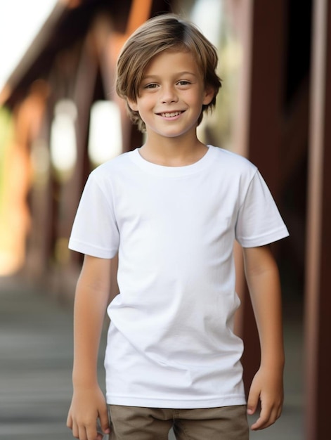 Foto un niño con una camisa blanca que dice 