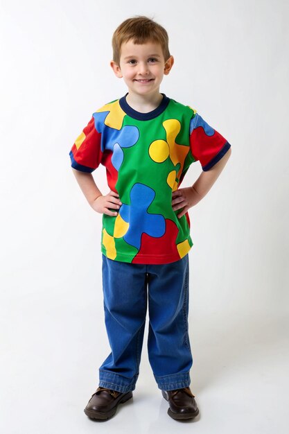 Foto un niño con una camisa colorida con la palabra rompecabezas en él