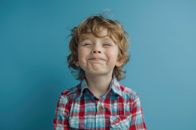 Foto el niño con la camisa a cuadros lloró y se rió.