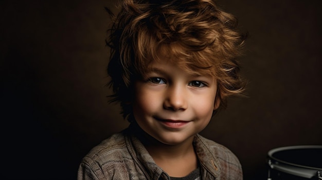 Un niño con una camisa a cuadros marrón y una camisa marrón está sonriendo.