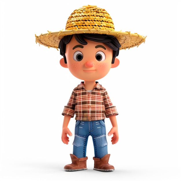 Foto niño con camisa a cuadros y sombrero de paja 3d