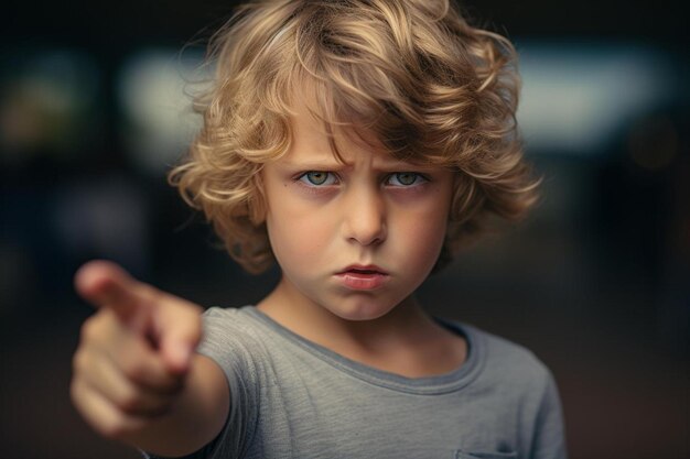 Foto un niño con una camisa gris que dice que te está señalando