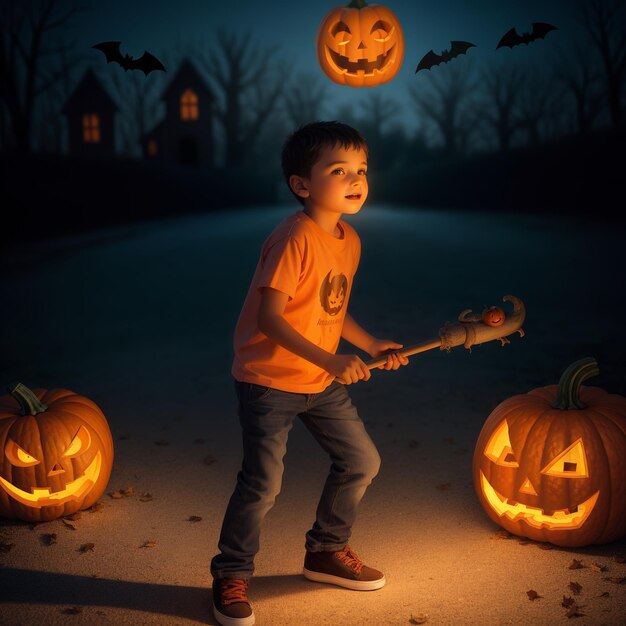 un niño con una camisa de Halloween de pie frente a las calabazas.