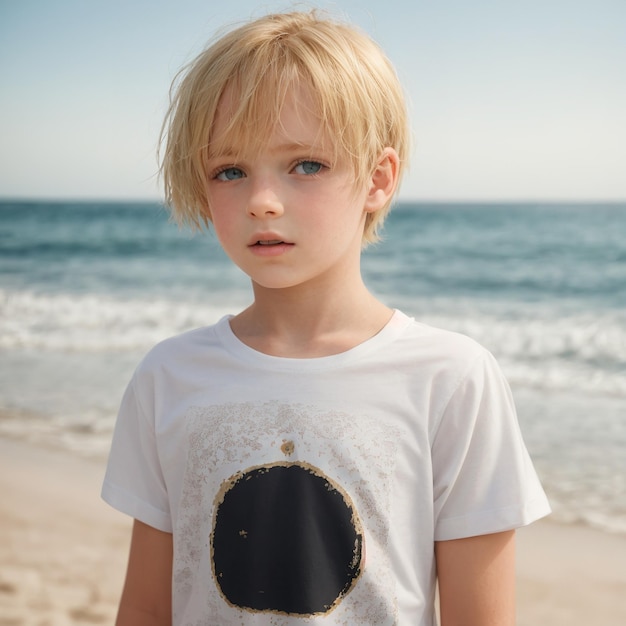 un niño con una camisa que dice un círculo negro en él