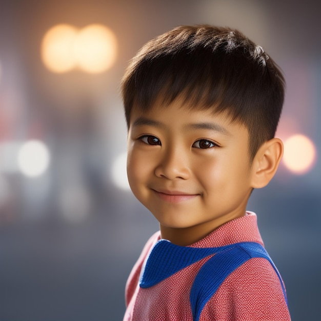 Un niño con una camisa a rayas rojas y azules está sonriendo.