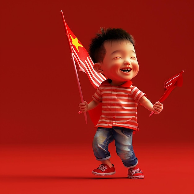 Foto un niño con una camisa de rayas rojas y blancas sosteniendo una bandera roja