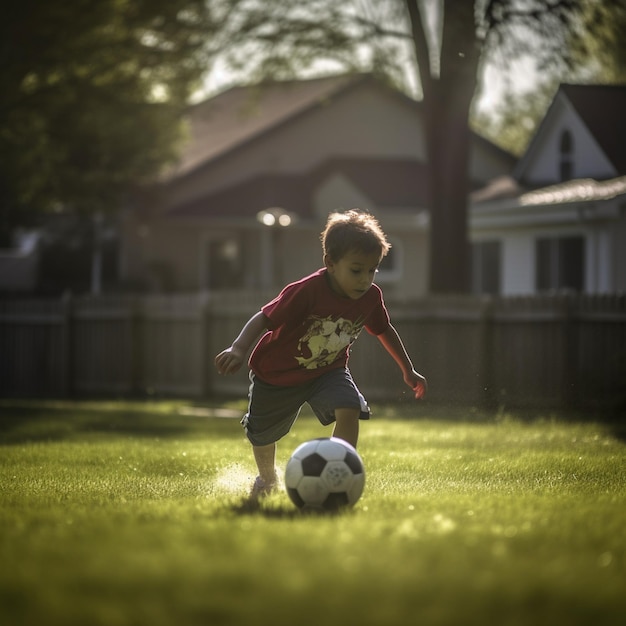 Un niño con una camisa roja está pateando una pelota de fútbol.