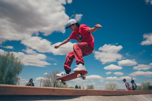 Foto un niño con una camisa roja está haciendo un truco en una patineta