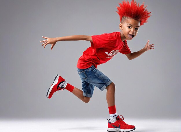 Foto un niño con una camisa roja con la palabra s en ella